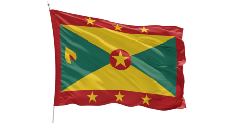 Vibrant flag of Grenada waving against a clear blue sky, symbolizing national pride and cultural identity