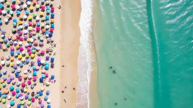 Aerial View of a Crowded Beach With Colorful Umbrellas and Swimmers During a Sunny Summer Day