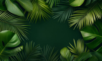 Dark green tropical leaves framing empty center space symbolizing exotic jungle ambiance and perfect backdrop for eco-themed content