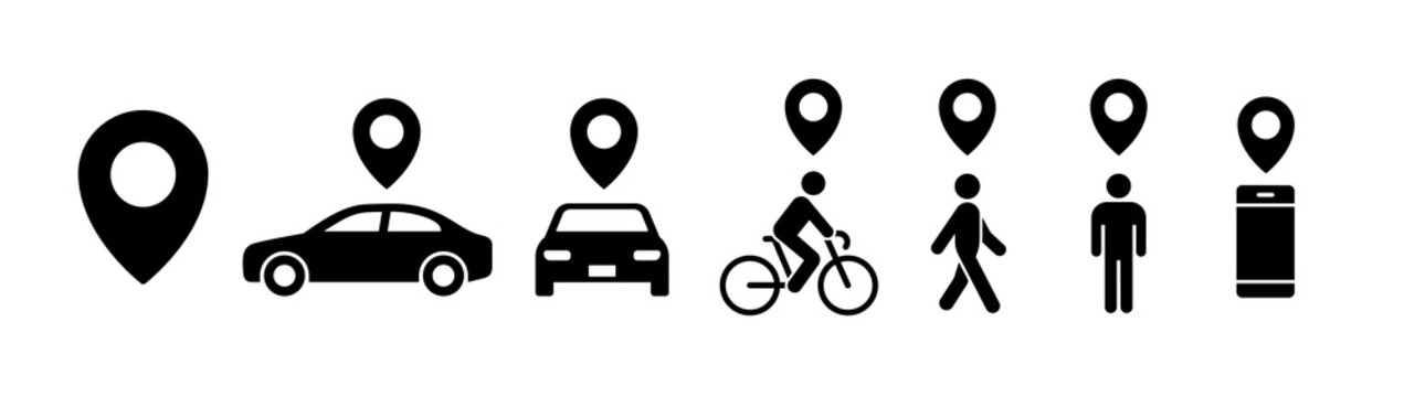 Map pin icons. Location pin icons with car, bike and person. Black solid icons on white background.