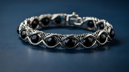 Stylish black gemstone bracelet with intricate silver design.