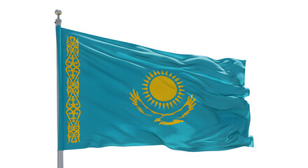 Vibrant flag of Kazakhstan waving in the wind, showcasing the sun and eagle emblem against a clear blue sky
