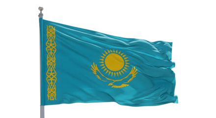Vibrant flag of Kazakhstan waving in the wind, showcasing the sun and eagle emblem against a clear blue sky