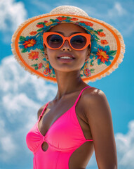 Stylish Woman in Pink Swimsuit and Floral Hat Against Blue Sky