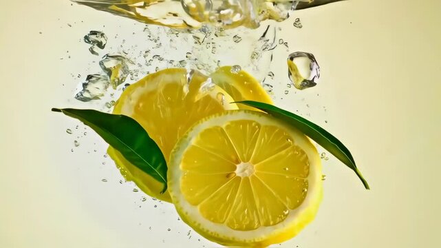 Lemon Slices in Water: Refreshing yellow lemon slices with green leaves fall into a still water, splashing droplets and bubbles around them. The water is clear and still.