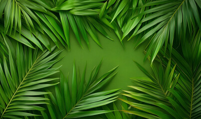 Framing of green palm leaves on a vivid grass background offering a tropical natural border design perfect for summer or botanical themes