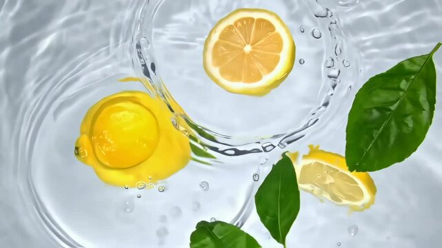 Zesty Cascade: Vibrant lemons and fresh green leaves immersed in crystal-clear water, creating a refreshing and inviting visual display. 