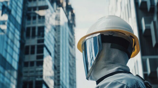 Construction worker safety gear protective helmet and shield modern city buildings background