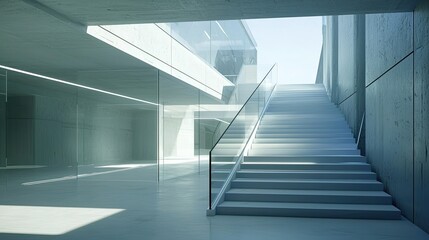 Fototapeta premium A stylish open-concept home featuring a staircase with glass railings, modern architecture in a bright setting