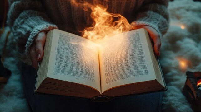 Mystical book with flames fantasy magic and literature concept