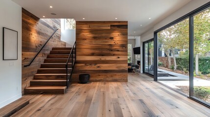 Sunlit contemporary hallway with wooden stairs and floor-to-ceiling windows