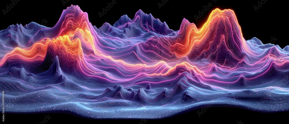 Poster abstract digital landscape with vibrant, flowing lines forming peaks and valleys. colors range from 