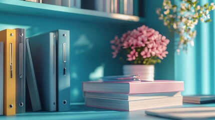 Colorful office binders and books on a shelf with flowers, perfect for workspace or education-themed content
