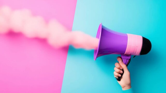 A hand holding a purple and black megaphone against a split background of pink and blue
