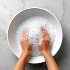Fototapeta premium Hands immersed in a bowl of bubbly water, showcasing cleanliness and relaxation in a serene setting.