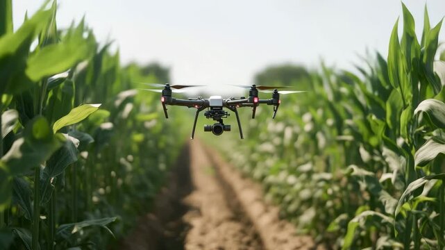 Black and white drone flying between rows of green corn plants.