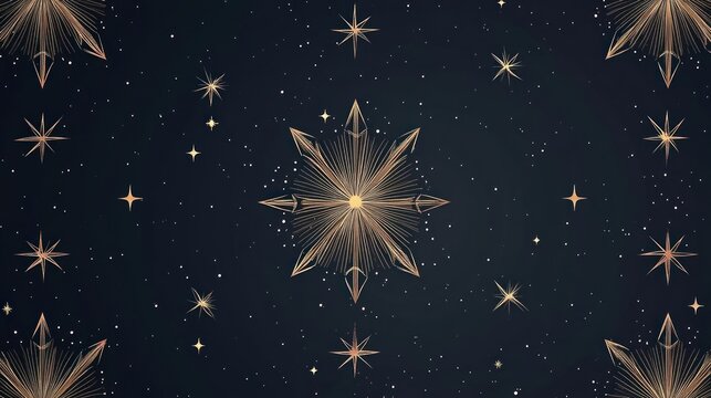 Gold celestial star pattern dark blue background geometric design repeating texture radiant light cosmic night sky space illustration