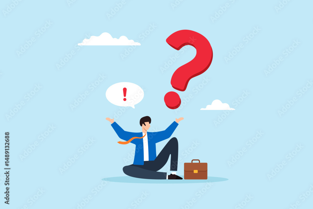 Poster flat illustration of businessman sitting with giant question mark and exclamation bubble decision to