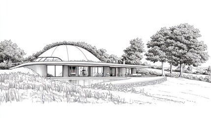 Fototapeta premium Modern dome house architectural rendering, rural setting, landscaping