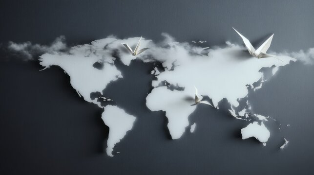 Global Migration  Origami Birds Fly Over World Map  Minimalist Travel Concept