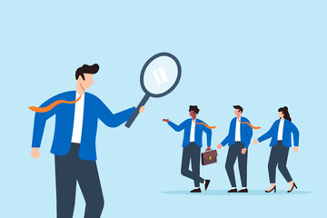 Flat illustration of businessman using magnifying glass to evaluate group of diverse job candidates recruitment hiring process and talent search vacancy
