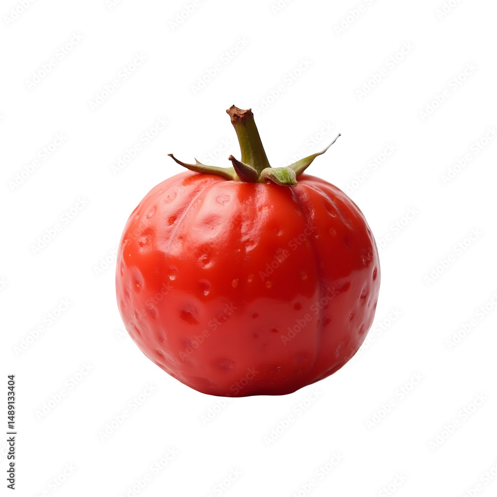 Poster detailed and hyperrealistic depiction of a single red fruit with a stem on an isolated composition