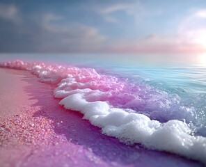 Fototapeta premium Dreamy pastel waves rolling onto a pink and purple shore at dusk