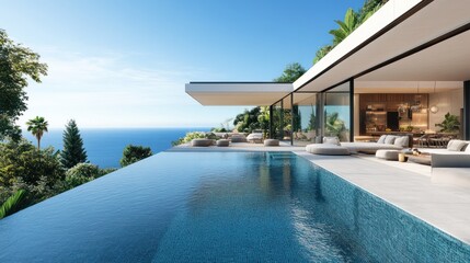 Fototapeta premium Luxury coastal villa featuring infinity pool overlooking the ocean horizon