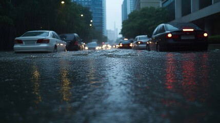 Rain-soaked street with cars navigating through flooded water, creating a moody urban scene on a rainy day.