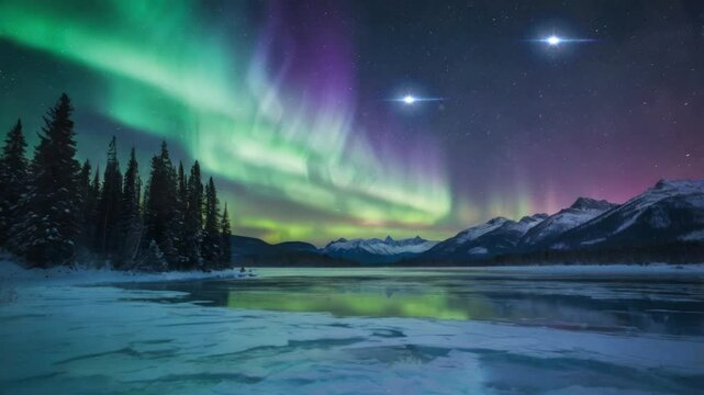 Stunning time-lapse style footage of the northern lights shimmering in the night sky above a serene, icy wilderness with pine trees and mountains in the background.