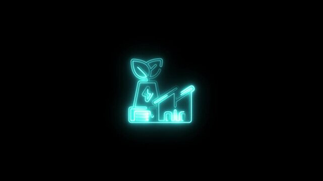 glowing neon factory icon animation black background. 4K Video motion graphic animation.