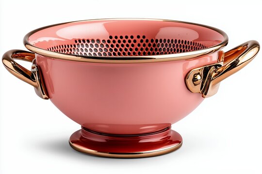 Pink Enamel Colander with Copper Accents and Geometric Pattern