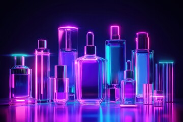 Explore the vibrant neon beauty lab with glowing glass bottles and tubes in captivating purple and blue hues against a dark background