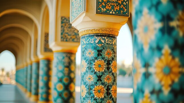 Ornate columns with blue and yellow floral tile patterns under arched ceilings