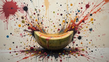 Half Watermelon With Colorful Paint Splatter Explosion On A White Surface Background