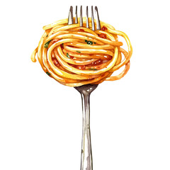 Spaghetti Carbonara Twirled On A Fork, watercolor clipart vector, high quality, isolated on a white background.