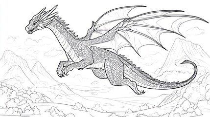 Dragon soaring over majestic mountains; fantasy illustration for coloring books