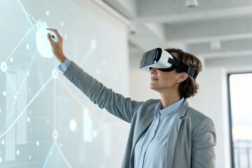 Woman Using Virtual Reality Headset for Interactive Data Visualization