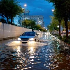 A car navigating through a flooded street at night, illuminated by headlights in an urban setting.