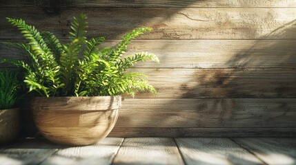 A warm, simplistic home interior with wooden decor, indoor plants, and soft, glowing light enhancing its natural beauty