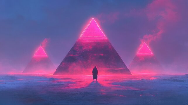 Lone figure contemplating illuminated pyramids in icy landscape