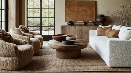 A well-lit, cozy living area with wooden textures, plush cushions, and earth-toned decorative elements