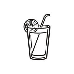 Isolated outline of a drink featuring a straw and slice of citrus is on white