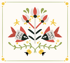 Folk hygge ready to use vector ocean print in Scandinavian style, folkloric isolated design on white. Composition with classic ethnic elements. Scandi folk motifs - sea animals, fishes and flowers