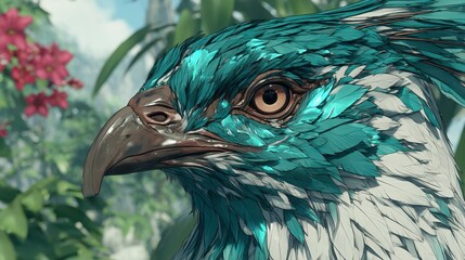 Obraz premium Artistic Bird Portrait Teal Feathers Detailed Head Nature Background