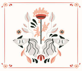 Folk hygge ready to use vector ocean print in Scandinavian style, folkloric isolated design on white. Composition with classic ethnic elements. Scandi folk motifs - sea animals, fishes and flowers