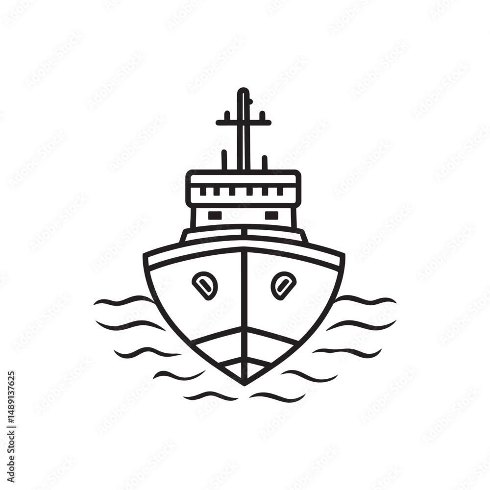 Poster isolated outline showcases large ship with tall mast navigating upon stylized waves on transparent b