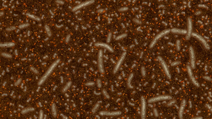 Microscopic view of bacteria in a dark brown medium.  Densely packed, various rod-shaped bacteria and small particles