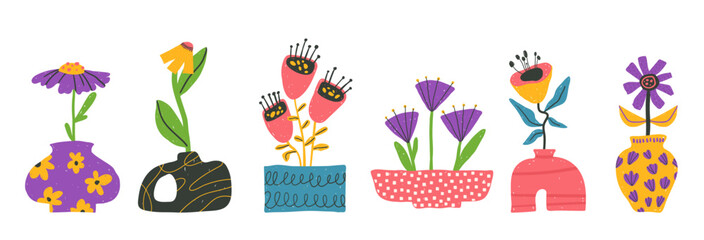 Set of bold positive flowers and vases clip arts hand drawn in naive style, optimistic bright floral illustration, vector isolated items on white background