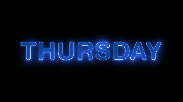 Glowing neon shine month name Thursday text animation on black background. Glowing colorful neon text day of Thursday. new modern digital neon shine week name Thursday text animation
